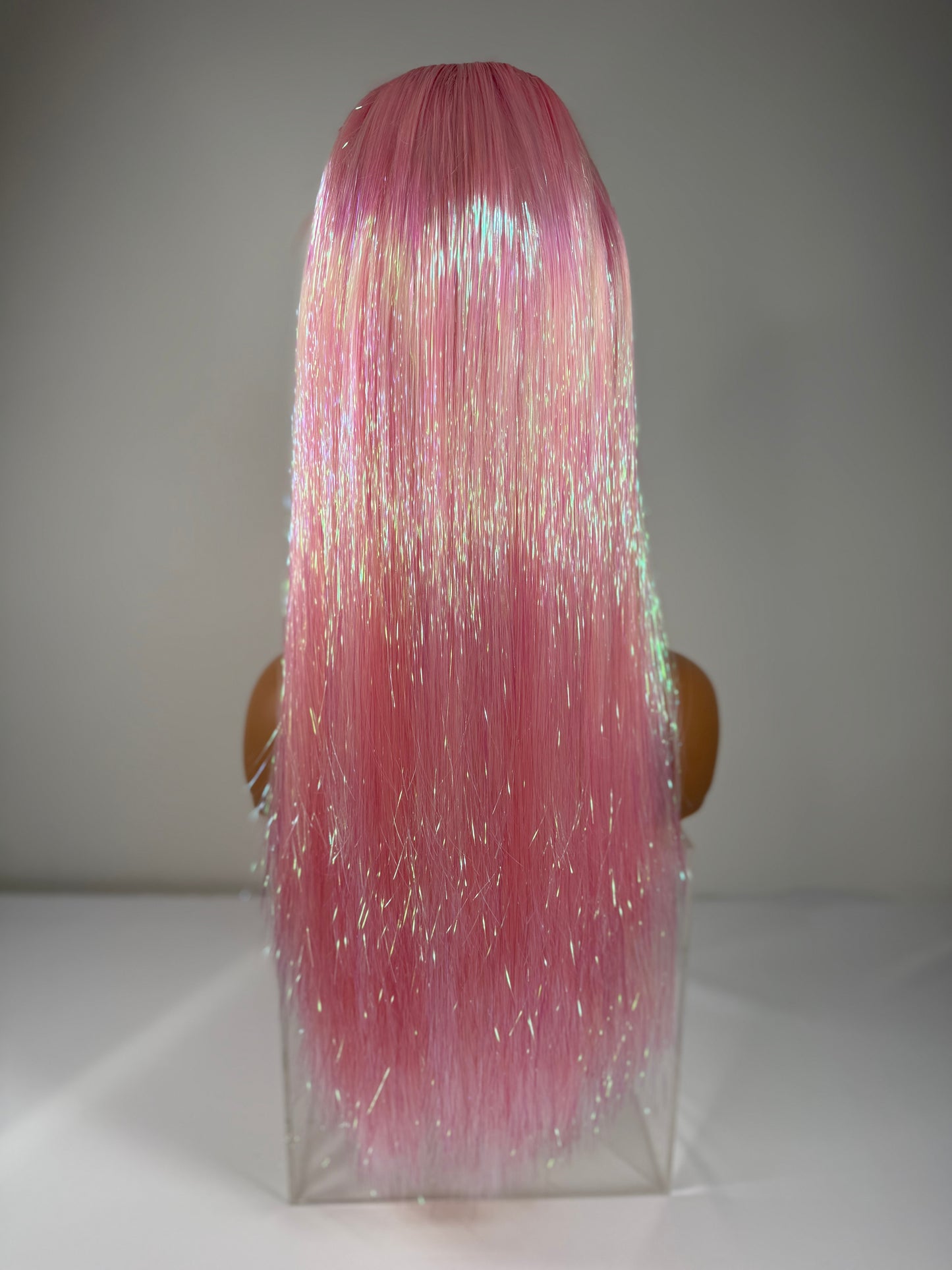 Pre-Styled Double Stacked Pastel Pink Tinsel Wig